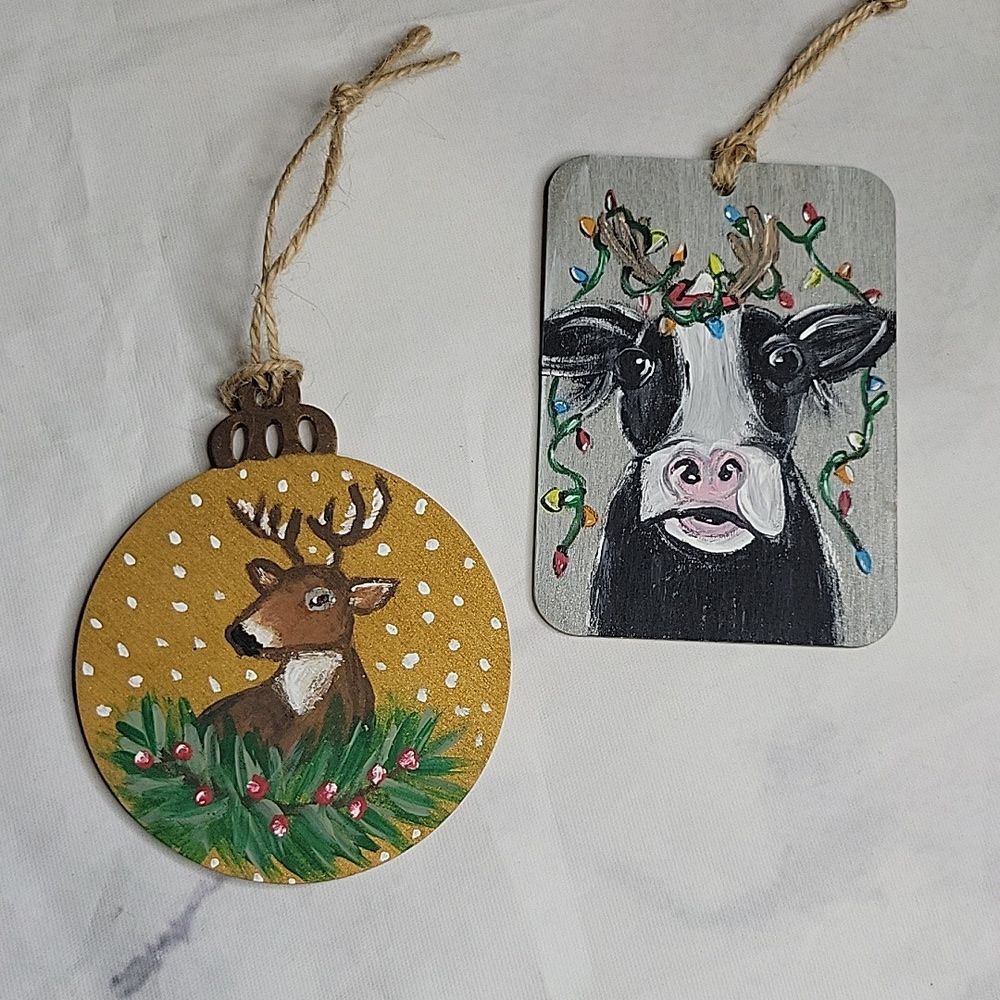 Set of 2 Handpainted Deer & Festive Cow ornaments